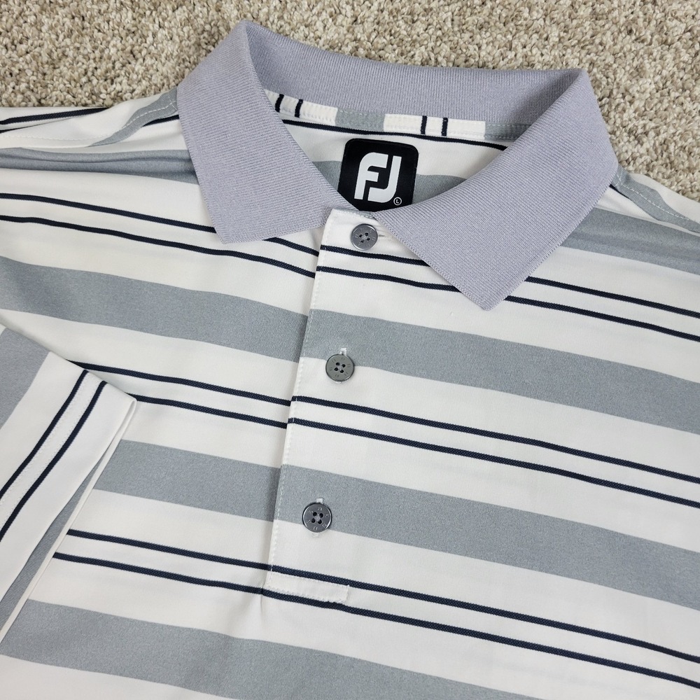 FootJoy Mens Large White Gray Striped Performance Stretch Golf Polo SS